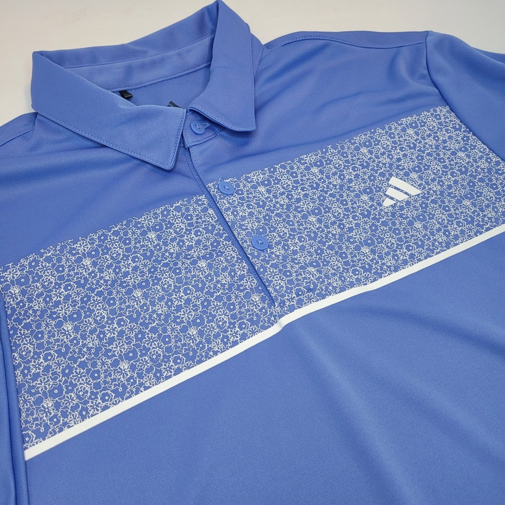 adidas Golf Polo Mens Large Blue Excellent Floral Chest Print KD9363